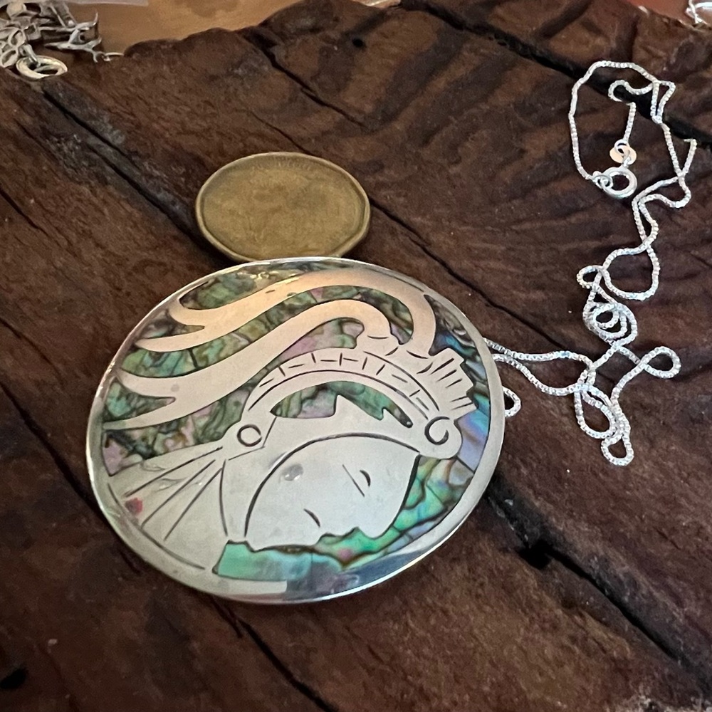 Taxco Mexico JH Pendant Necklace Aztec Maya Warrior Silver Abalone Sell MOP